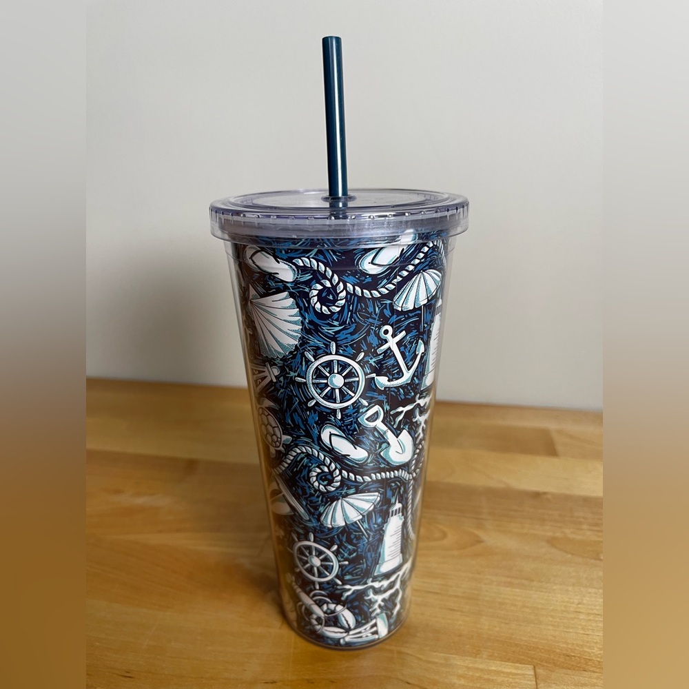 Vera Bradley Navy and White Nautical Tumbler with Straw- 24 oz. - Picture 2 of 10